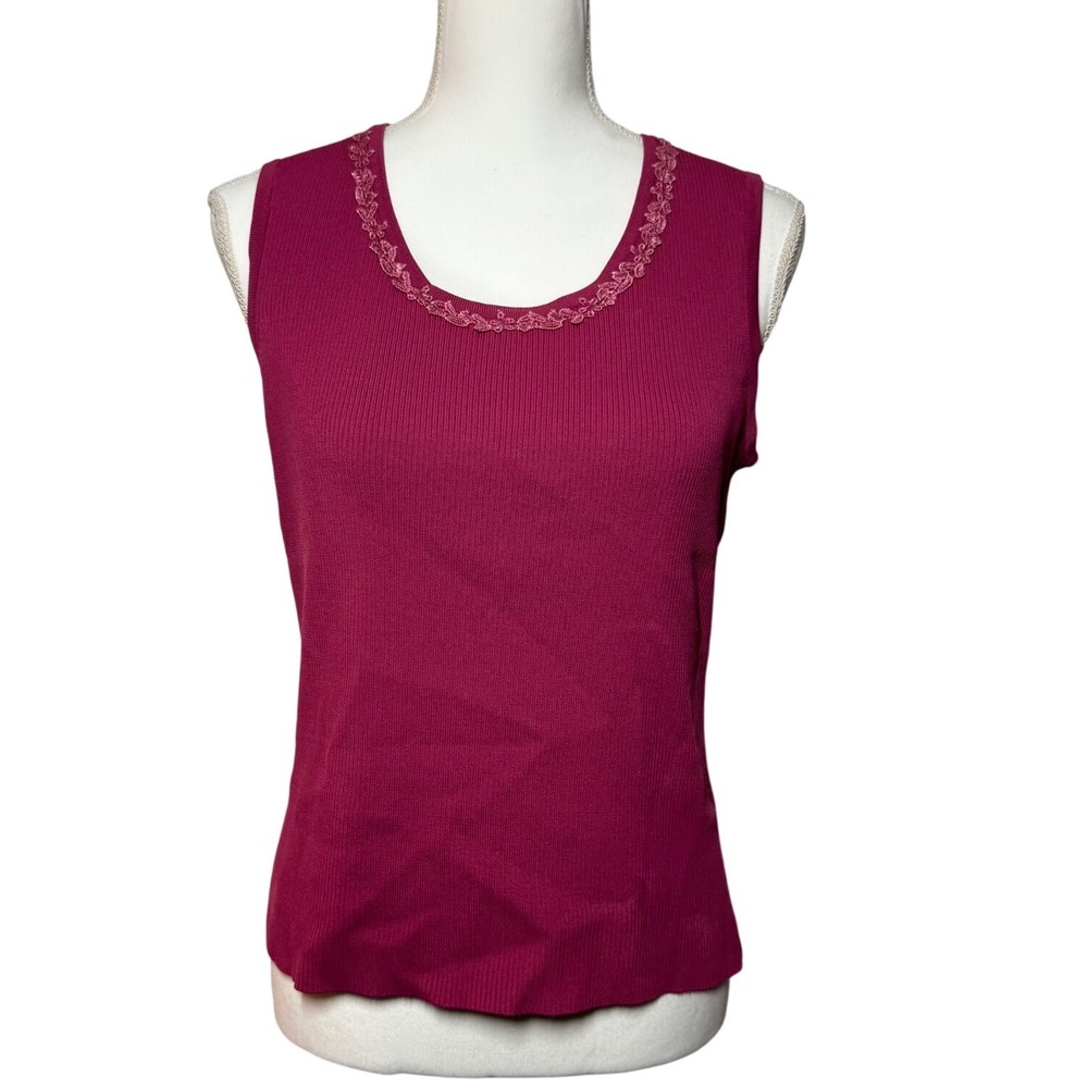 à la carte Ribbed Knit Lace Trim Tank Top M Magenta Excellent Sleeveless Scoop